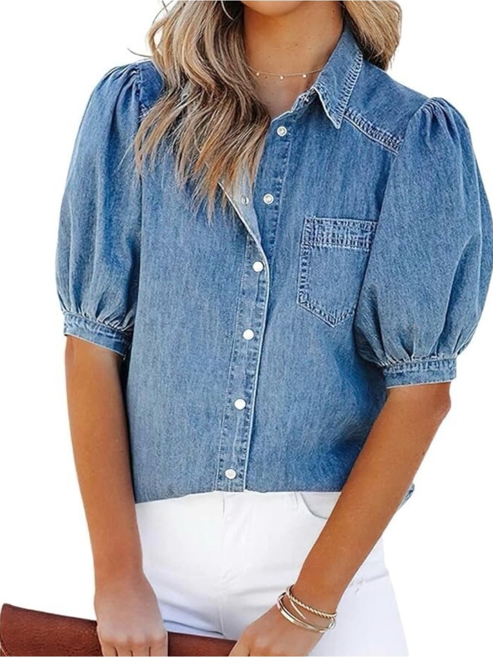 Den puff sleeve button up top